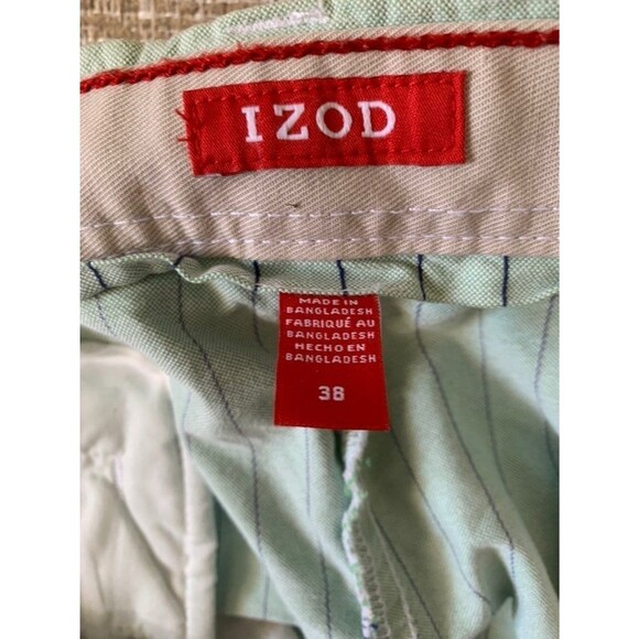 Izod Stripe Belted Shorts Men’s Size 38 100% Cotton Light Green/Blue - Picture 6 of 7